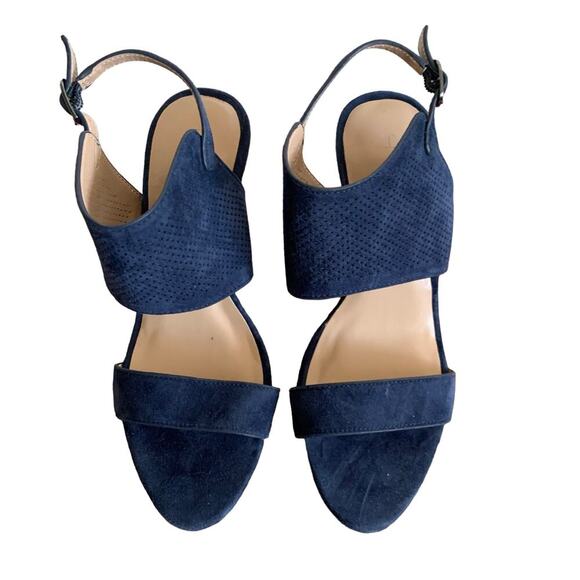 H by Halston Suede Open Toe Wedge Navy Blue McKenzie Sandals Size 5.5 NWOT - Picture 2 of 12